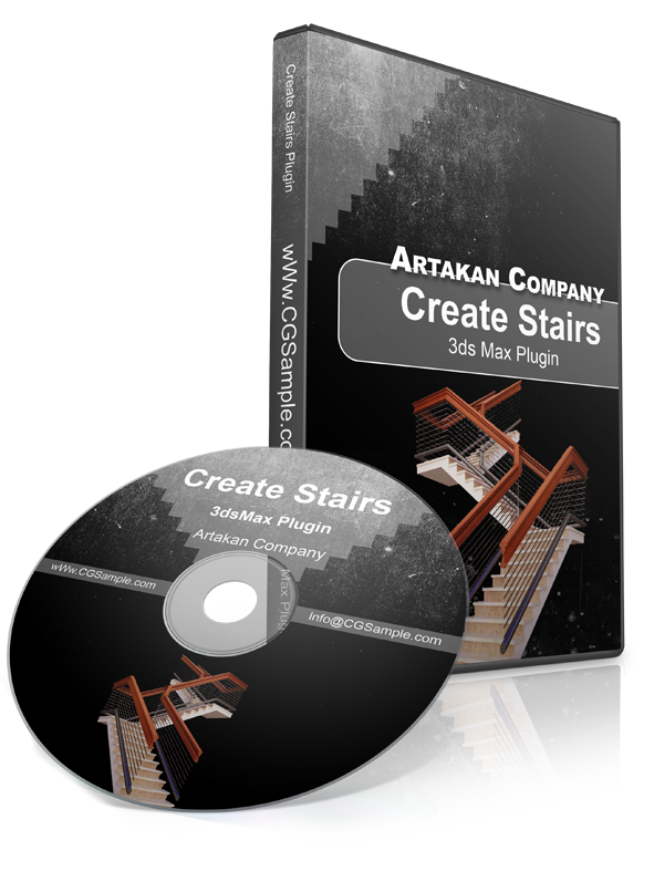 Artakan Create Stairs plugin for Autodesk 3ds Max showing a rendered architectural staircase with railing